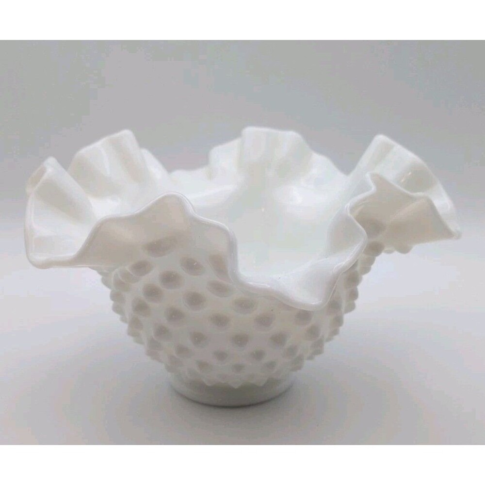 Fenton White‎ Milk Glass Hobnail Bowl Ruffled Rim Crimped